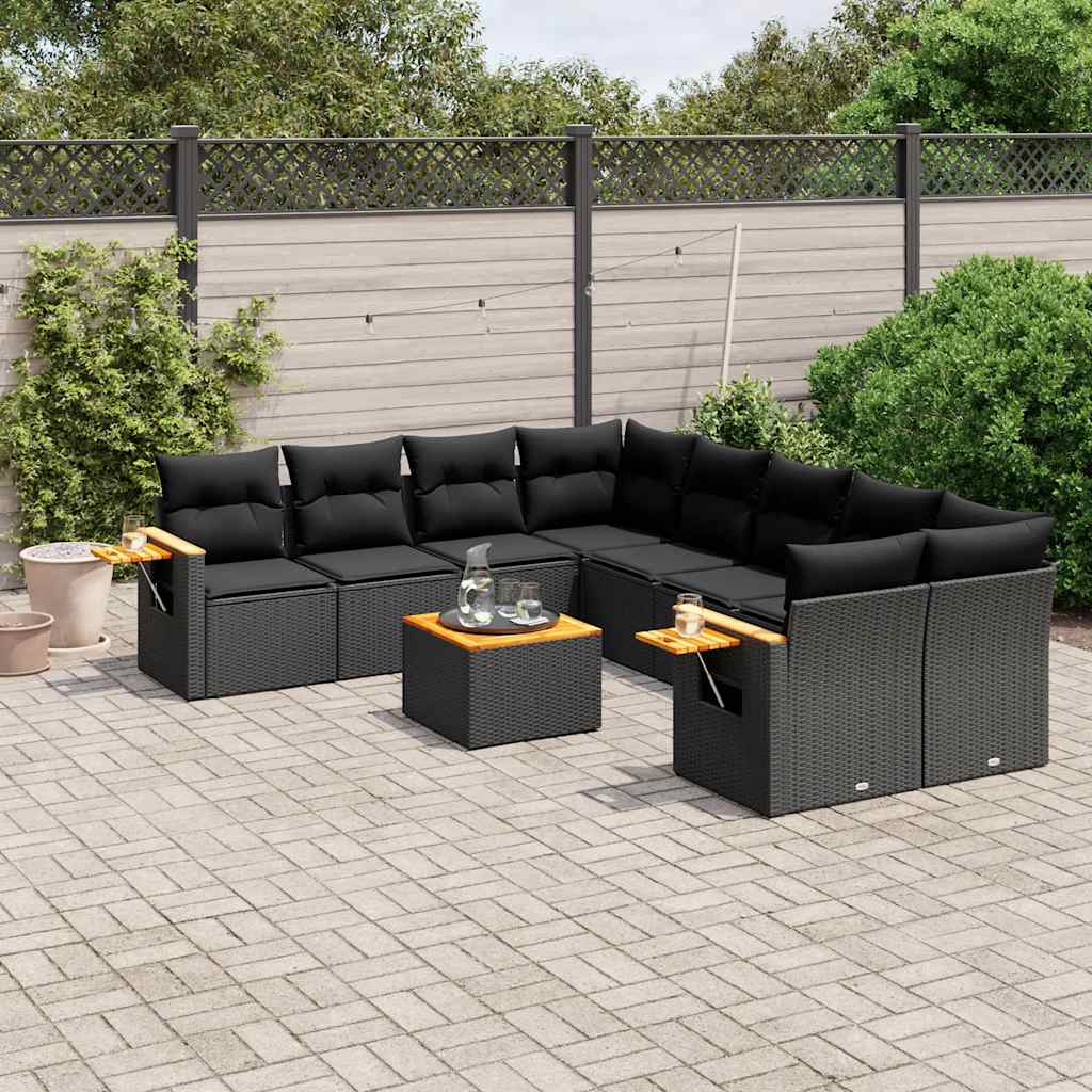 9-delige Loungeset met kussens poly rattan zwart – afbeelding 1
