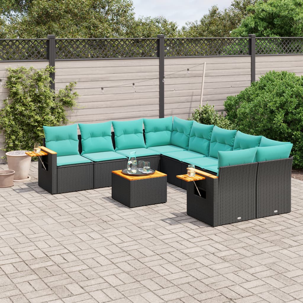 9-delige Loungeset met kussens poly rattan zwart