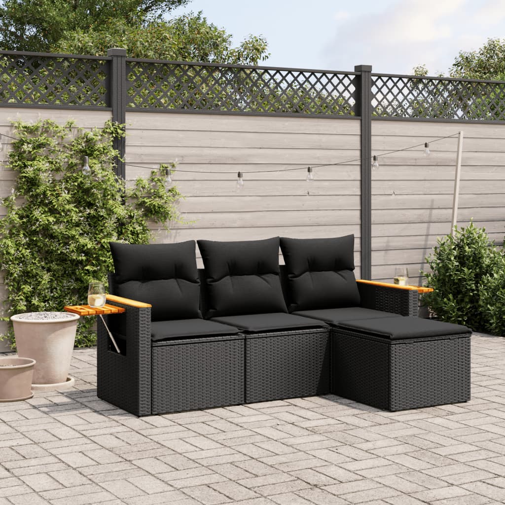 4-delige Loungeset met kussens poly rattan zwart – afbeelding 1