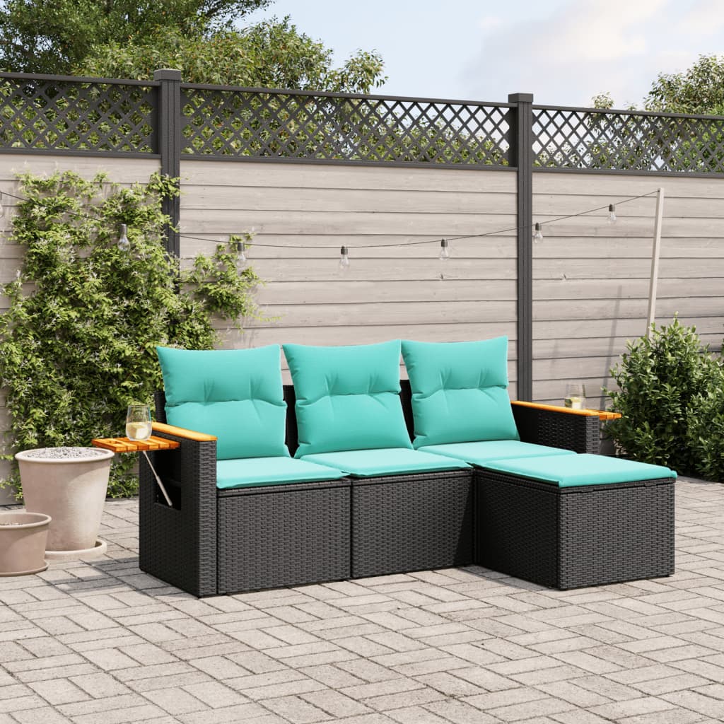 4-delige Loungeset met kussens poly rattan zwart – afbeelding 1