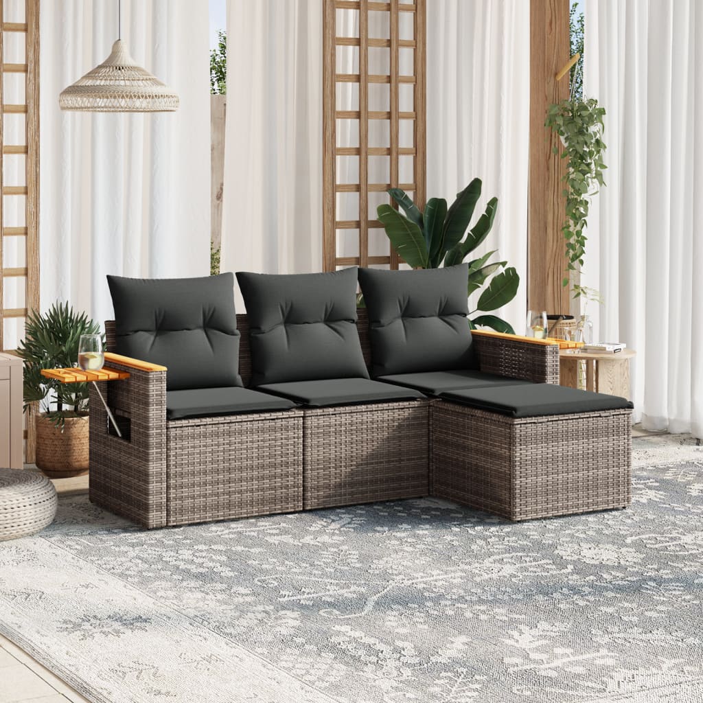 4-delige Loungeset met kussens poly rattan grijs – afbeelding 1