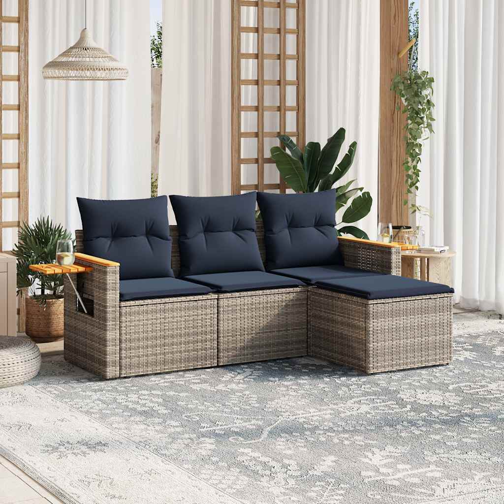 4-delige Loungeset met kussens poly rattan grijs – afbeelding 1