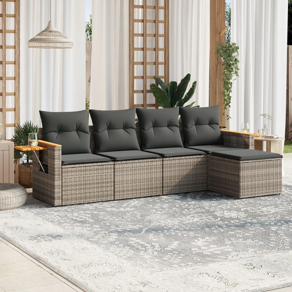 5-delige Loungeset met kussens poly rattan grijs – afbeelding 1