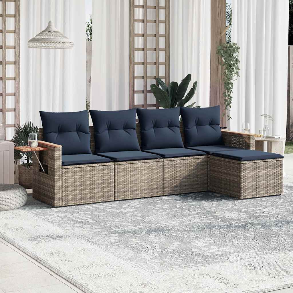 5-delige Loungeset met kussens poly rattan grijs