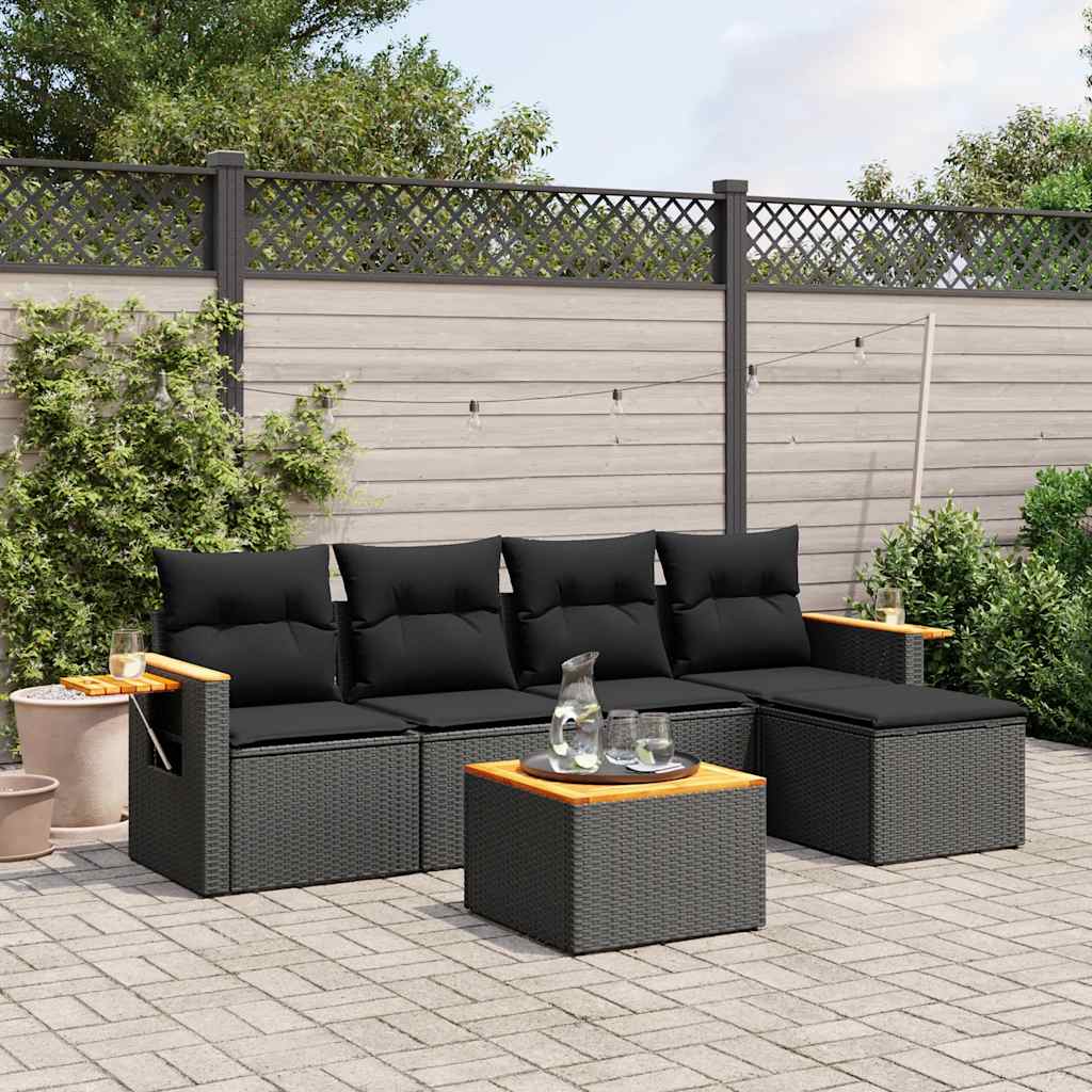 6-delige Loungeset met kussens poly rattan zwart – afbeelding 1