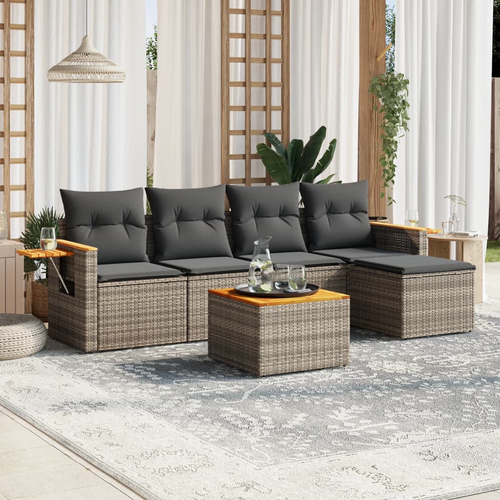 6-delige Loungeset met kussens poly rattan grijs – afbeelding 1