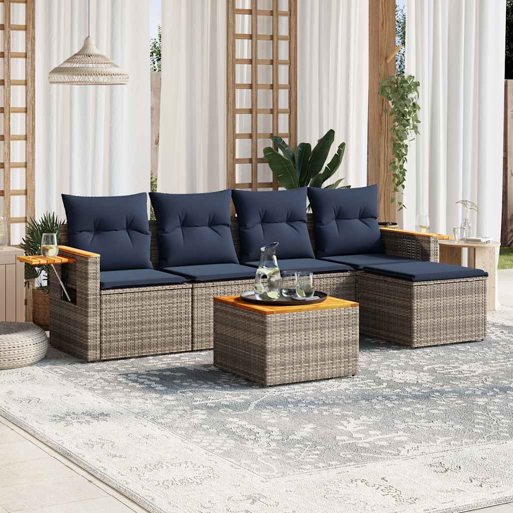 6-delige Loungeset met kussens poly rattan grijs – afbeelding 1
