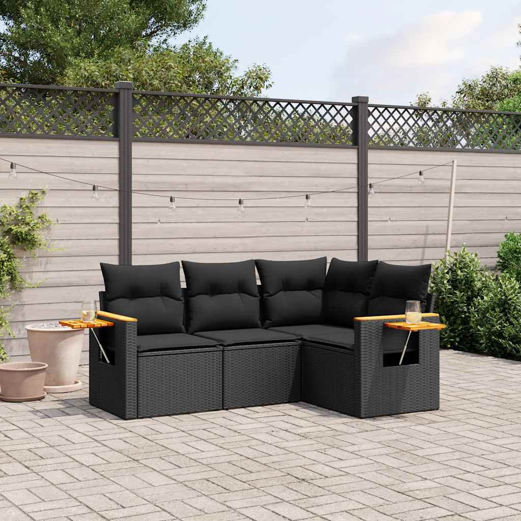 4-delige Loungeset met kussens poly rattan zwart – afbeelding 1