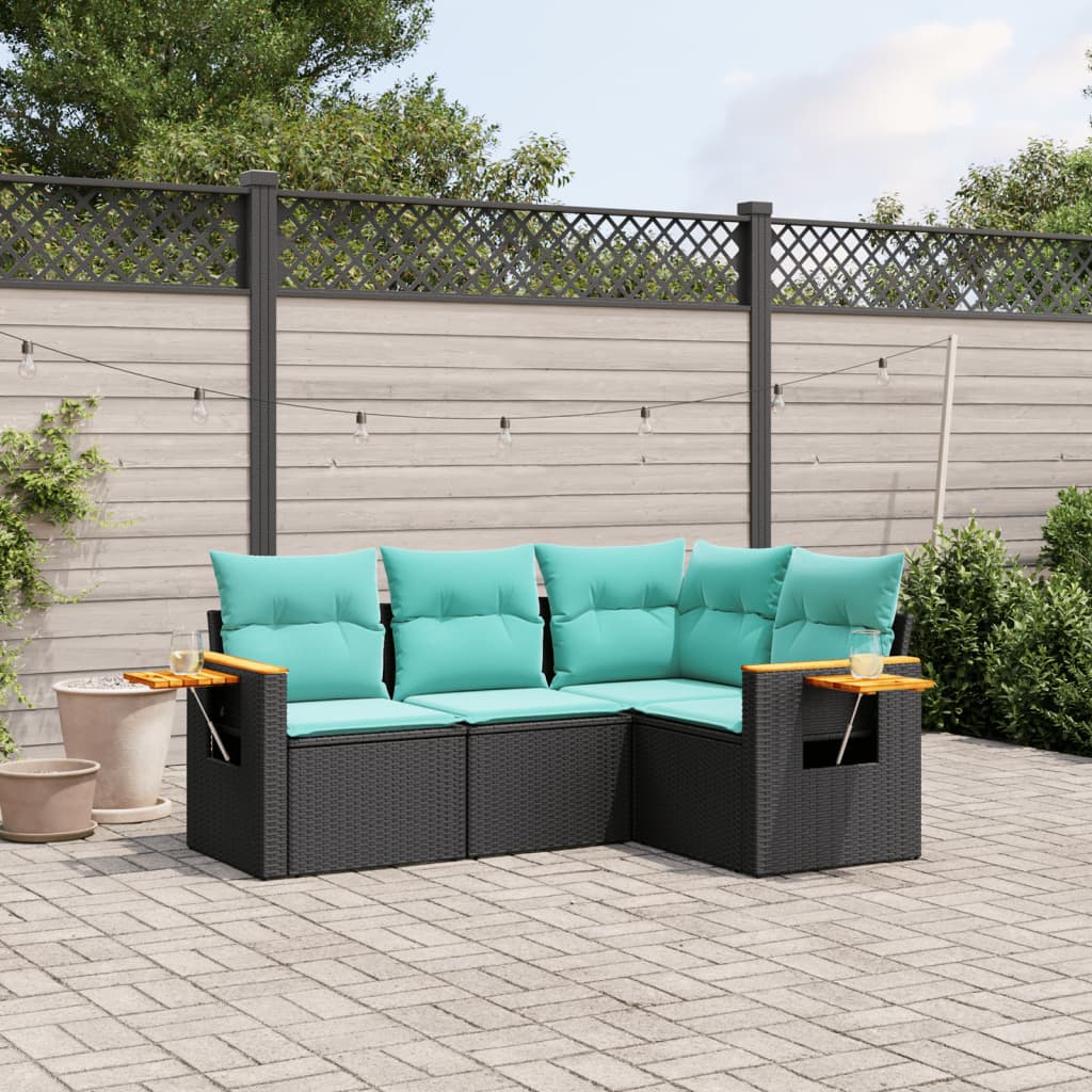4-delige Loungeset met kussens poly rattan zwart – afbeelding 1