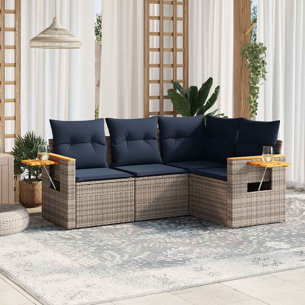 4-delige Loungeset met kussens poly rattan grijs – afbeelding 1