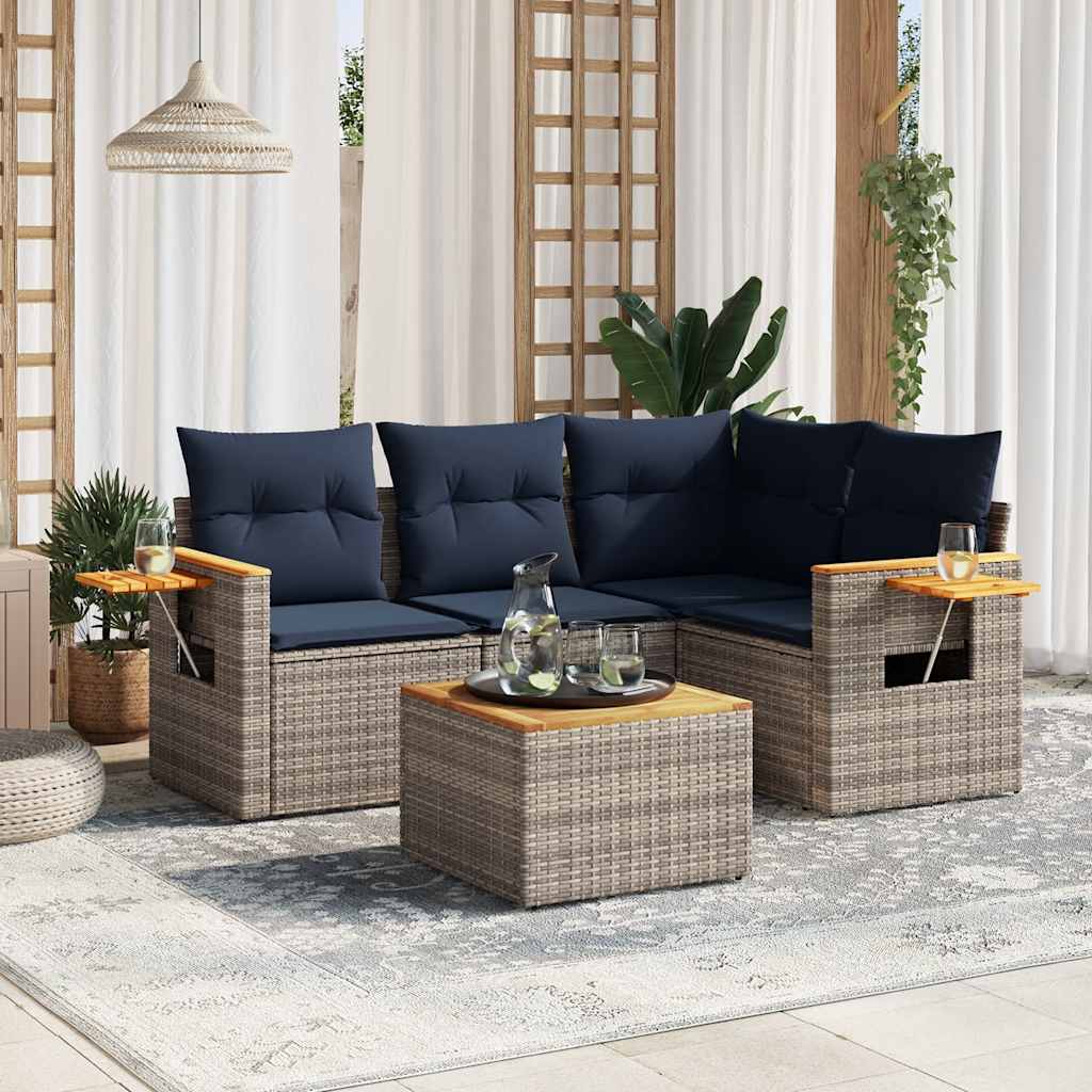 5-delige Loungeset met kussens poly rattan grijs