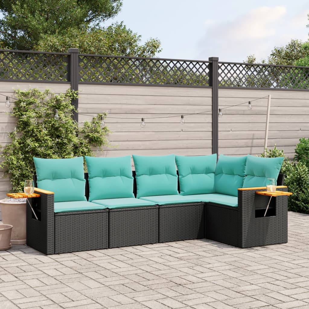 5-delige Loungeset met kussens poly rattan zwart – afbeelding 1