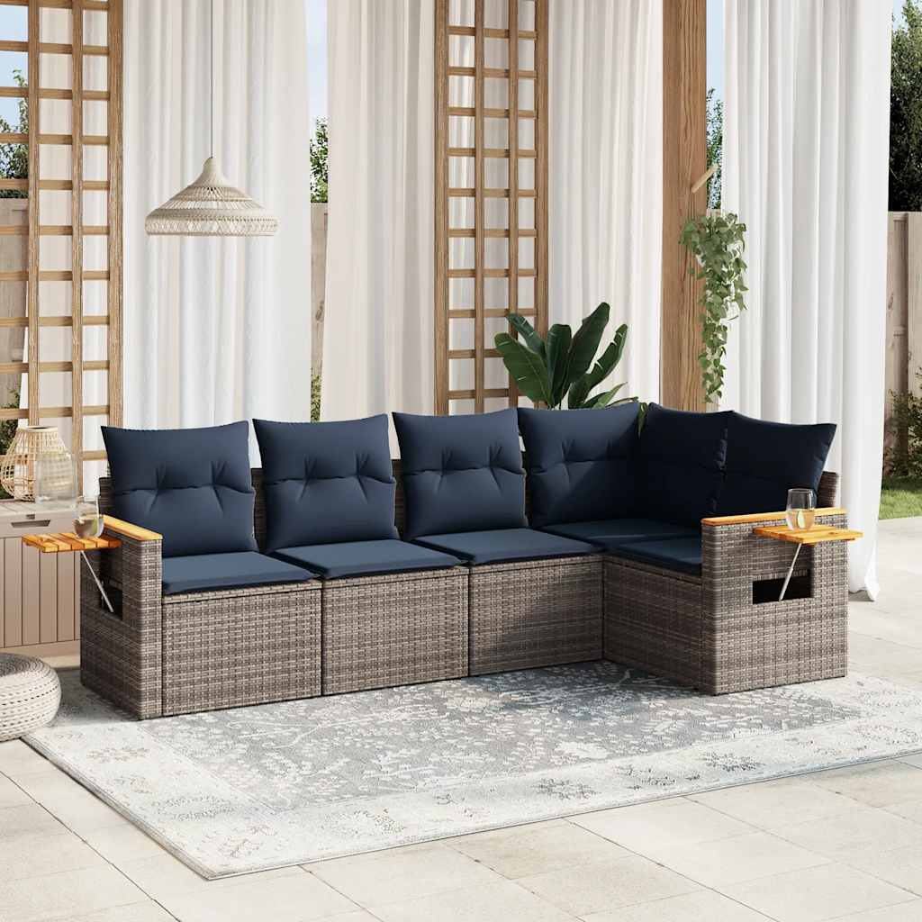 5-delige Loungeset met kussens poly rattan grijs
