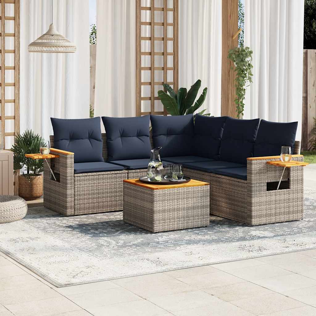 6-delige Loungeset met kussens poly rattan grijs – afbeelding 1