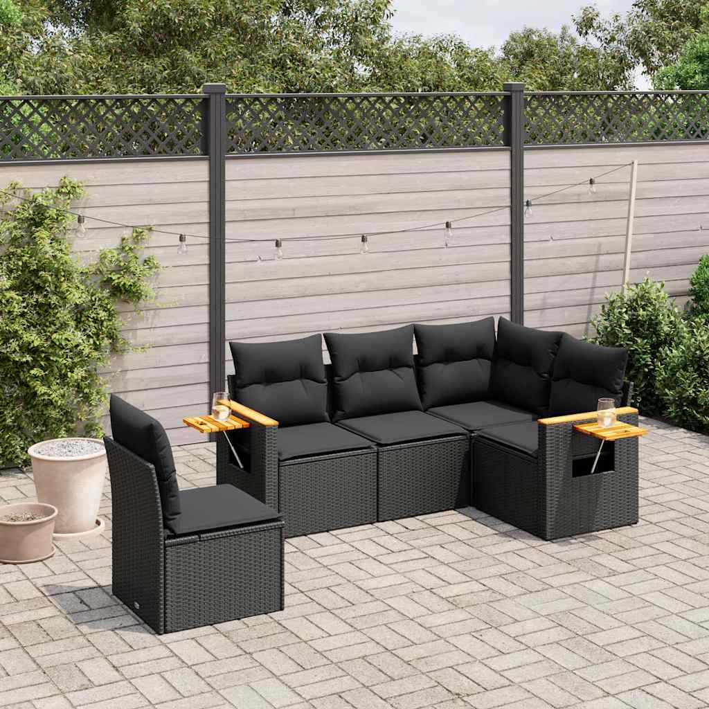 5-delige Loungeset met kussens poly rattan zwart – afbeelding 1
