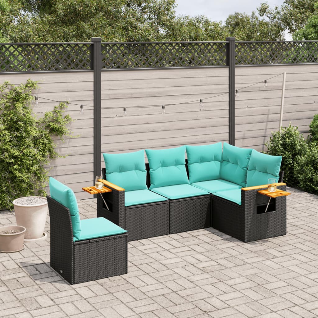 5-delige Loungeset met kussens poly rattan zwart – afbeelding 1