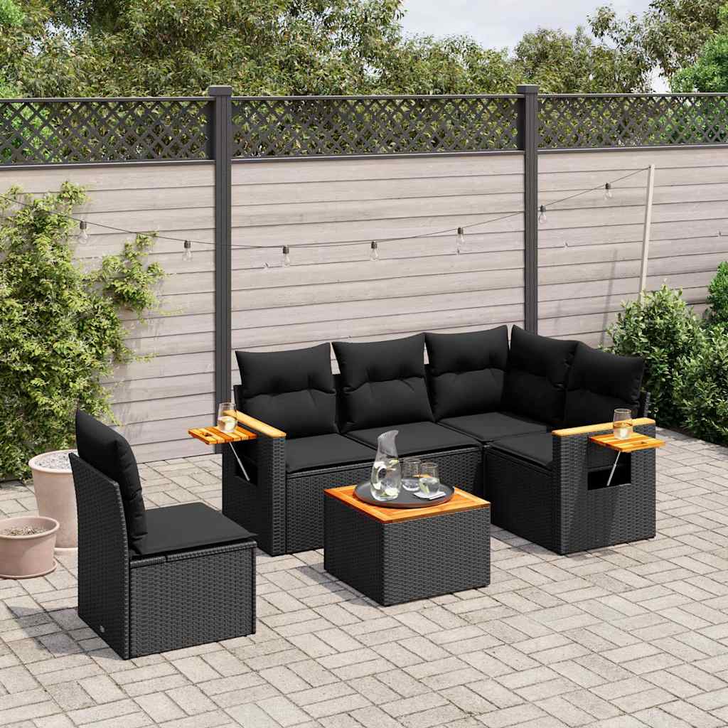 6-delige Loungeset met kussens poly rattan zwart – afbeelding 1