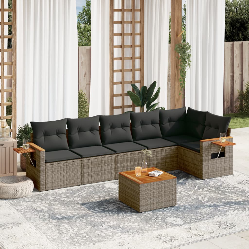 7-delige Loungeset met kussens poly rattan grijs – afbeelding 1