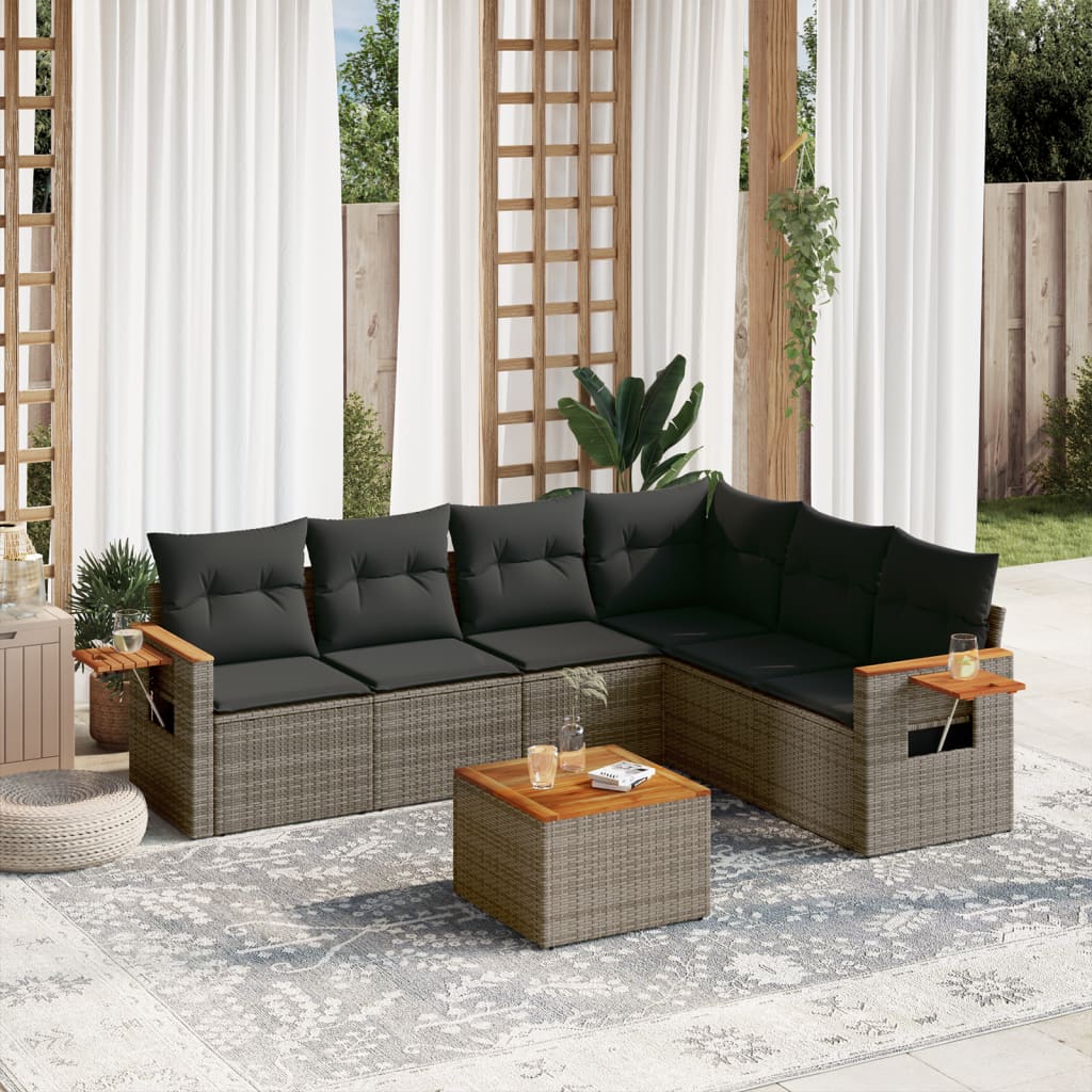 7-delige Loungeset met kussens poly rattan grijs – afbeelding 1