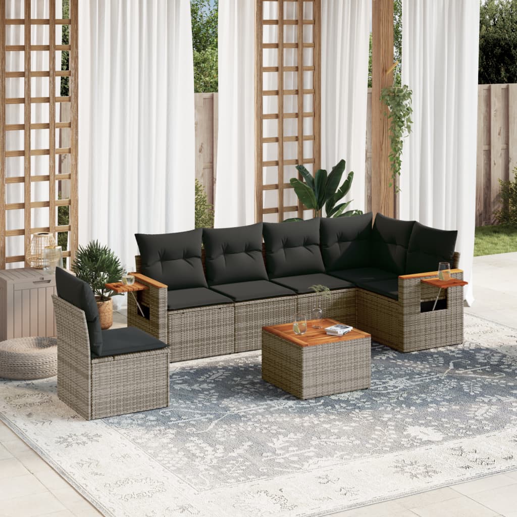 7-delige Loungeset met kussens poly rattan grijs – afbeelding 1