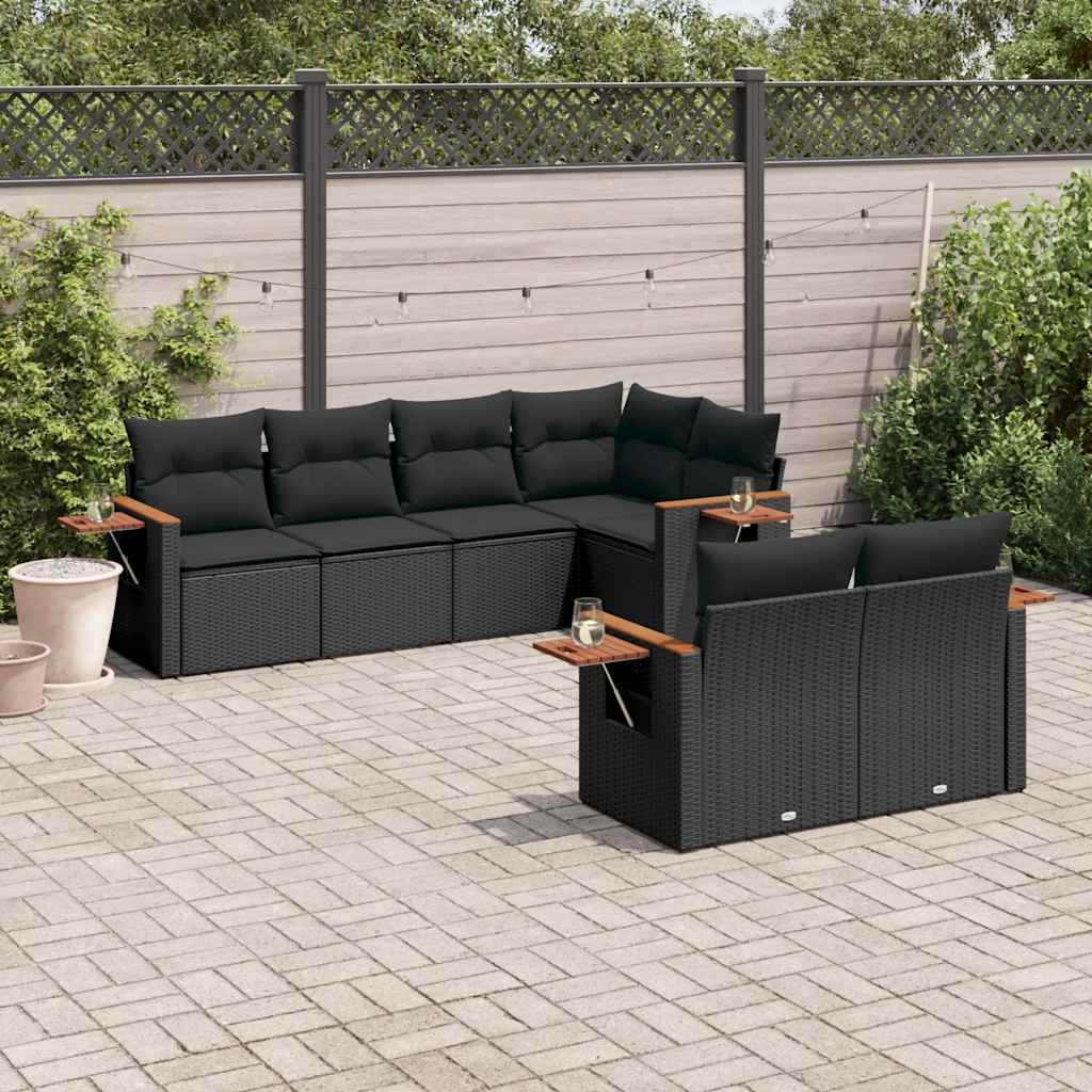 7-delige Loungeset met kussens poly rattan zwart – afbeelding 1