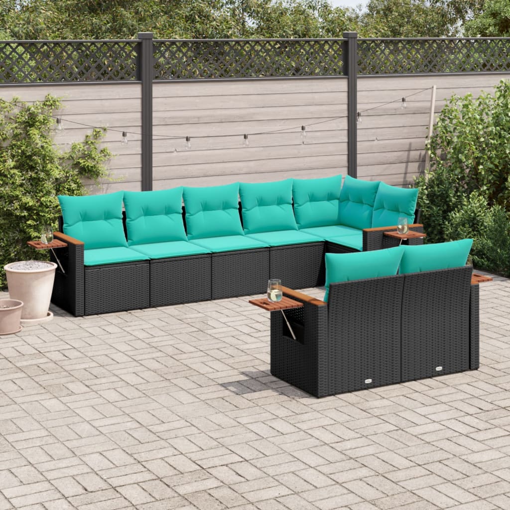 8-delige Loungeset met kussens poly rattan zwart – afbeelding 1