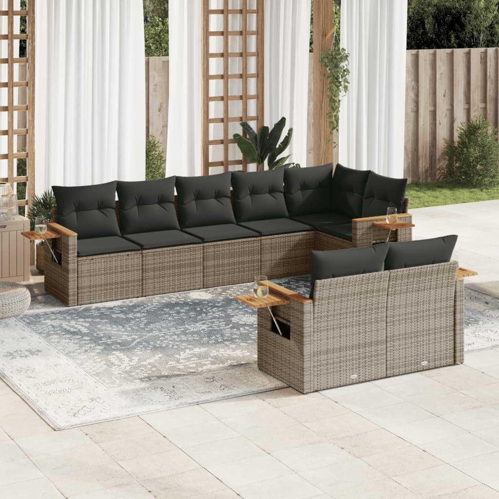 8-delige Loungeset met kussens poly rattan grijs – afbeelding 1