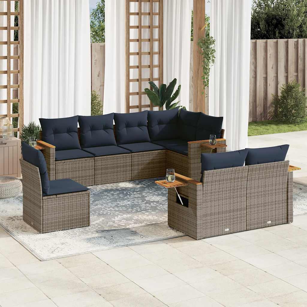 8-delige Loungeset met kussens poly rattan grijs – afbeelding 1