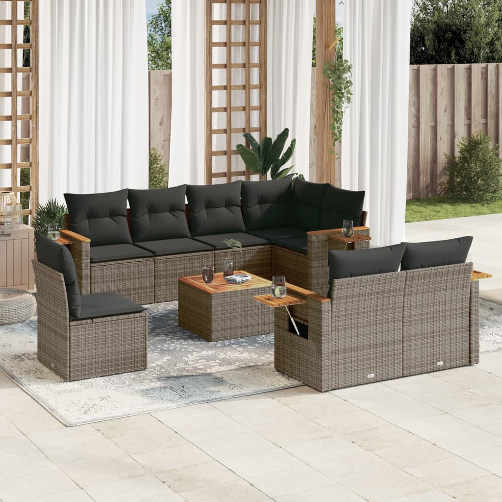 9-delige Loungeset met kussens poly rattan grijs – afbeelding 1