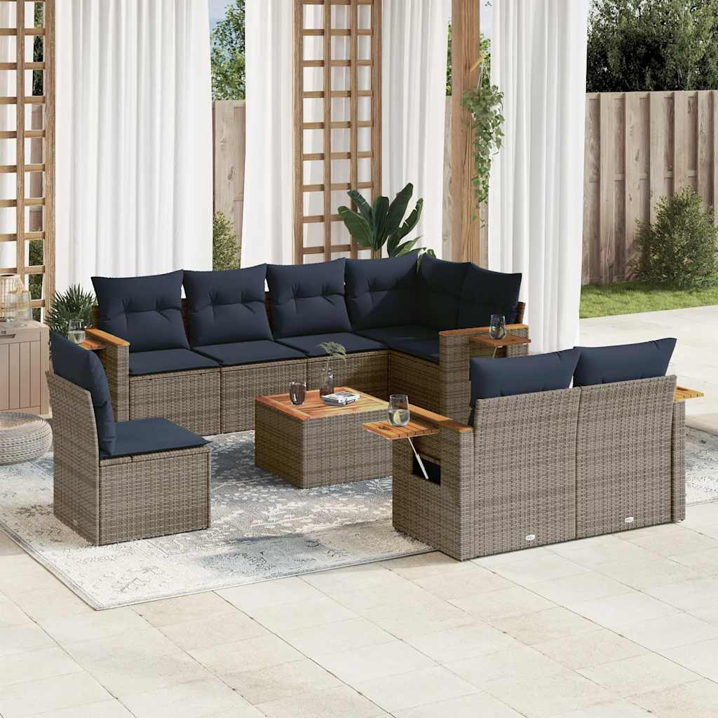 9-delige Loungeset met kussens poly rattan grijs – afbeelding 1