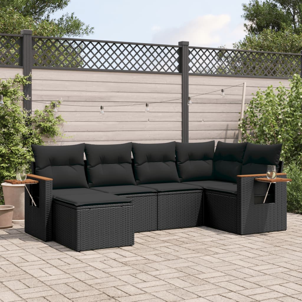 6-delige Loungeset met kussens poly rattan zwart – afbeelding 1