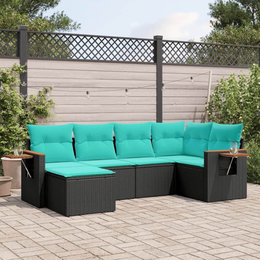 6-delige Loungeset met kussens poly rattan zwart – afbeelding 1
