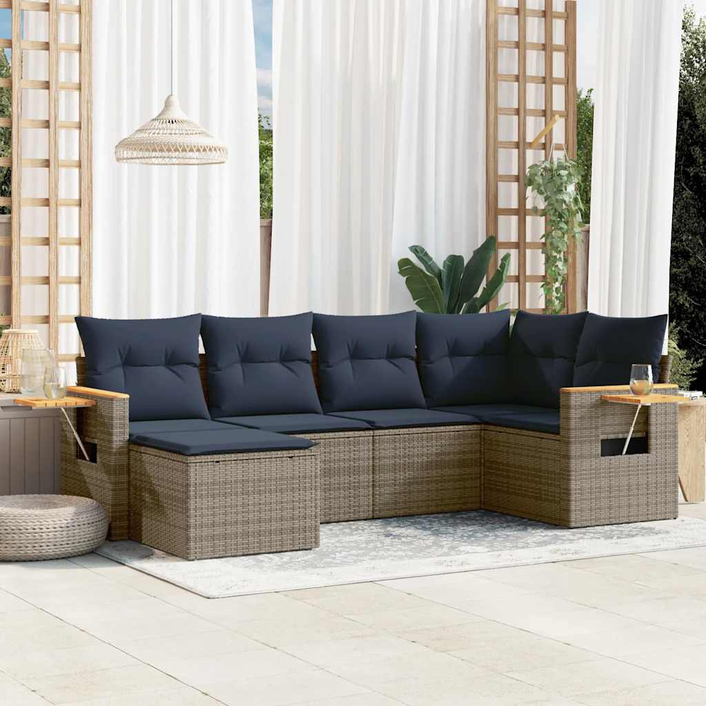 6-delige Loungeset met kussens poly rattan grijs – afbeelding 1