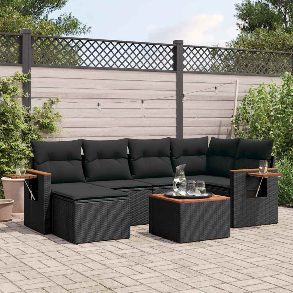7-delige Loungeset met kussens poly rattan zwart – afbeelding 1