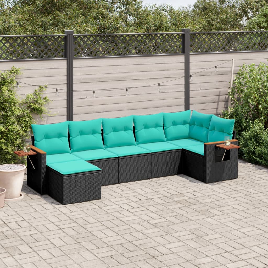 7-delige Loungeset met kussens poly rattan zwart – afbeelding 1
