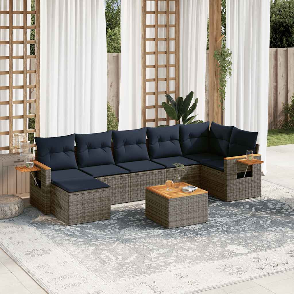 8-delige Loungeset met kussens poly rattan grijs – afbeelding 1