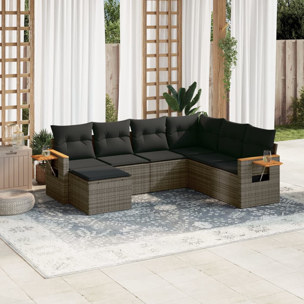7-delige Loungeset met kussens poly rattan grijs – afbeelding 1