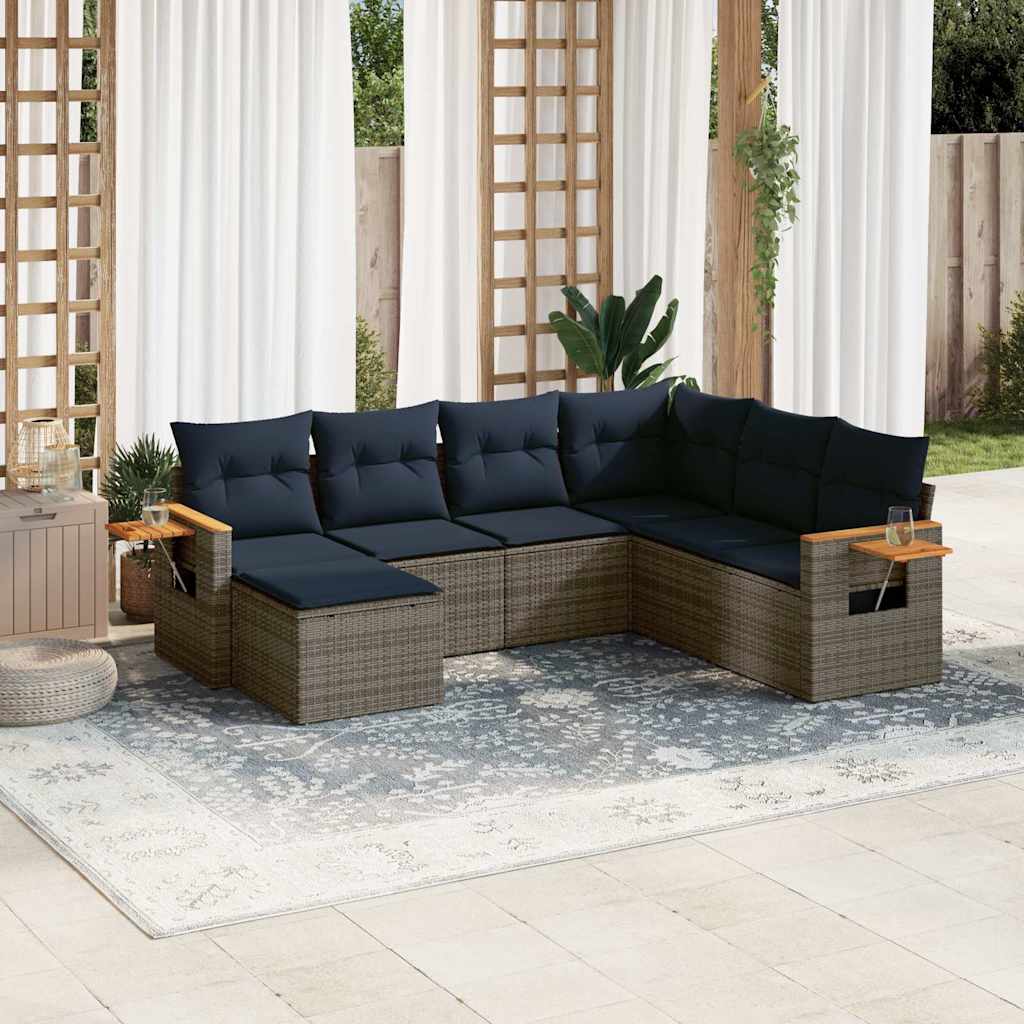 7-delige Loungeset met kussens poly rattan grijs – afbeelding 1