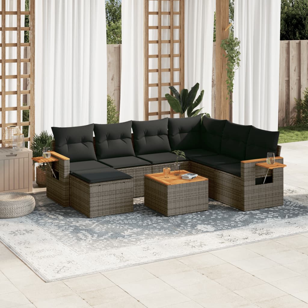 8-delige Loungeset met kussens poly rattan grijs – afbeelding 1