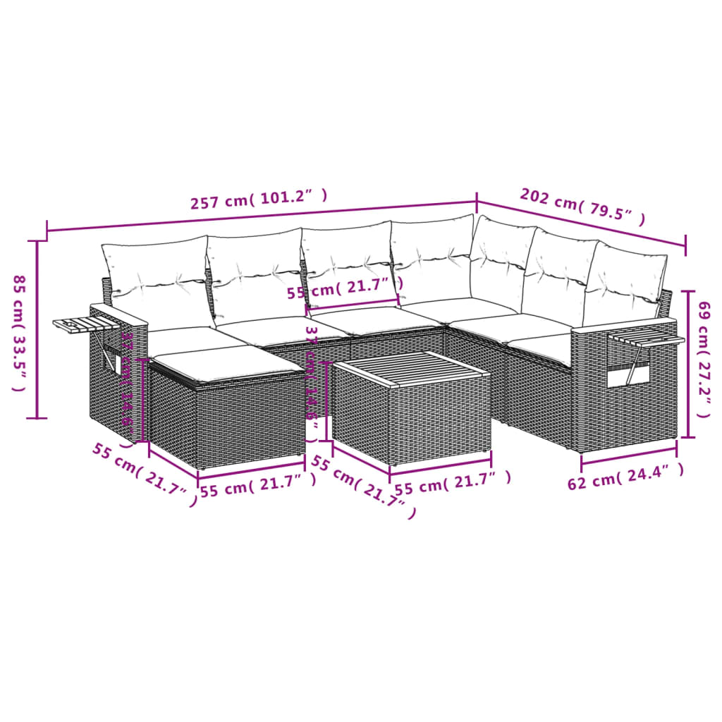 8-delige Loungeset met kussens poly rattan grijs – afbeelding 10