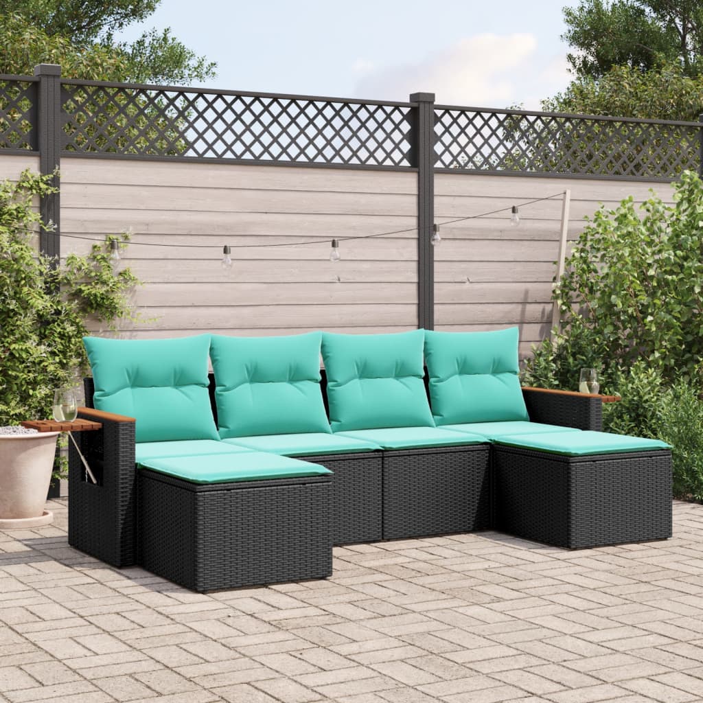 6-delige Loungeset met kussens poly rattan zwart – afbeelding 1