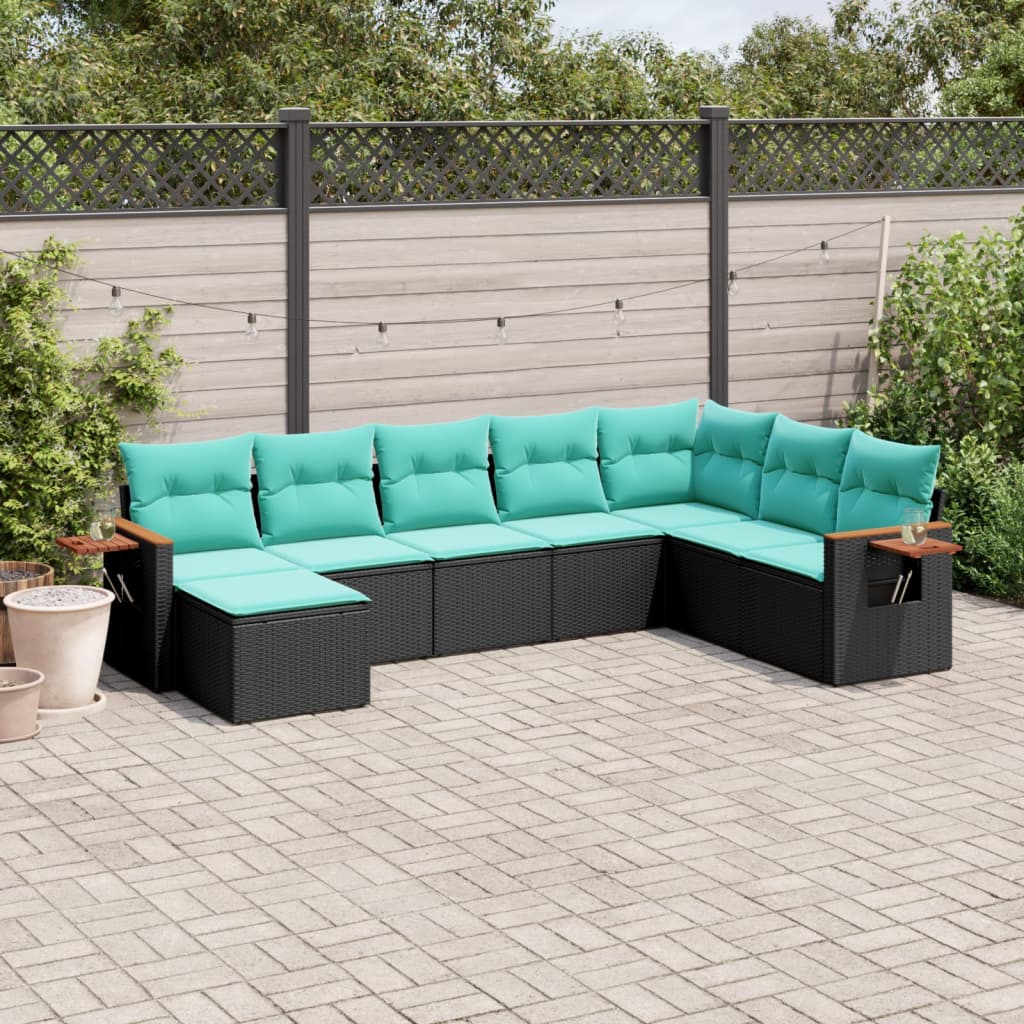 8-delige Loungeset met kussens poly rattan zwart – afbeelding 1