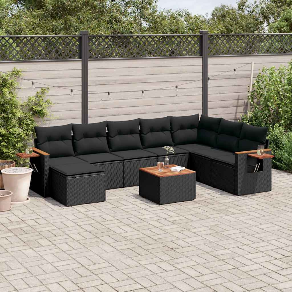 9-delige Loungeset met kussens poly rattan zwart – afbeelding 1