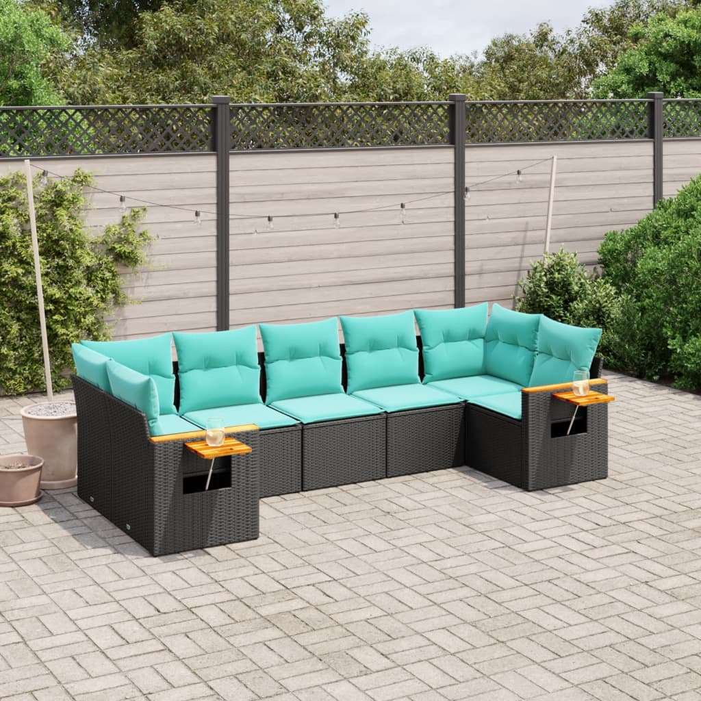 7-delige Loungeset met kussens poly rattan zwart – afbeelding 1