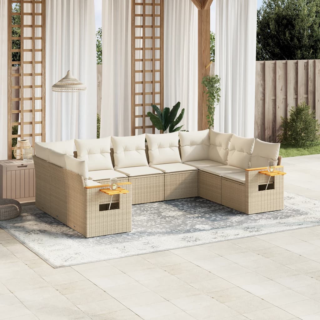 9-delige Loungeset met kussens poly rattan beige – afbeelding 1