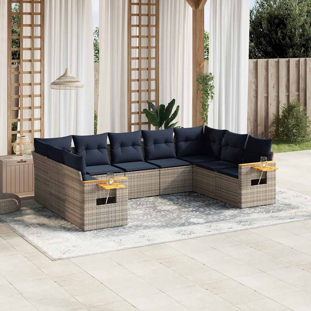 9-delige Loungeset met kussens poly rattan grijs – afbeelding 1