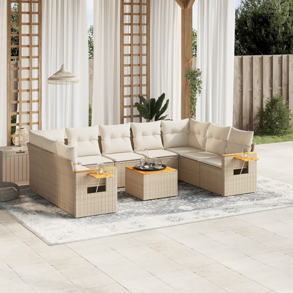 10-delige Loungeset met kussens poly rattan beige – afbeelding 1
