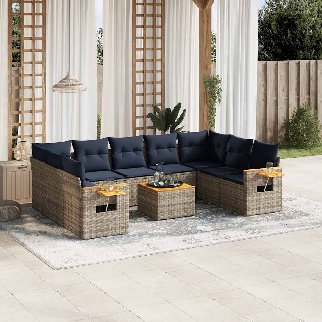 10-delige Loungeset met kussens poly rattan grijs – afbeelding 1