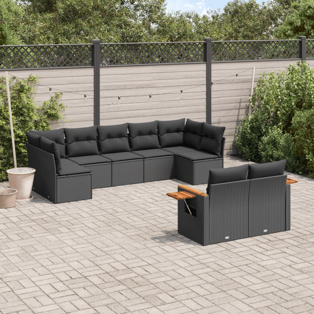 9-delige Loungeset met kussens poly rattan zwart – afbeelding 1