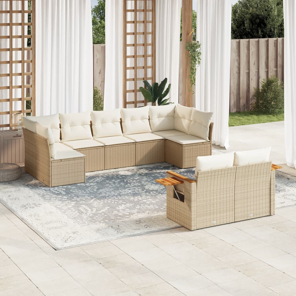9-delige Loungeset met kussens poly rattan beige – afbeelding 1